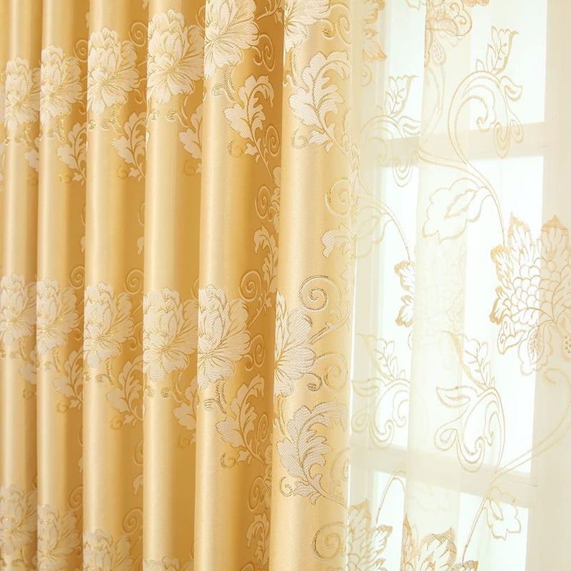 ELKCA Luxury Gold Floral Curtains for Bedroom Jacquard Window Curtains for Living Room,Grommet Top,2 Panels(Floral-Golden,52 by 84 inch Long) - Image 2